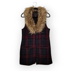 Anthropologie Sanctuary Yannah plaid tweed vest faux fur collar long length M